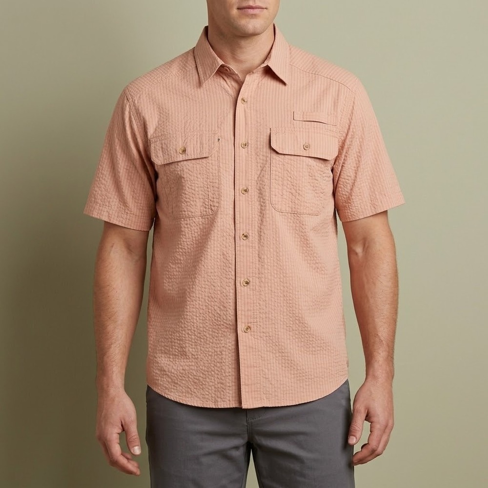 TravelSmith Seersucker Utility Shirt Mens Large Pink EUC